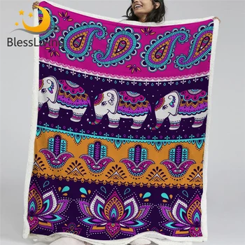 BlessLiving Boho Microfiber Bed Blanket Striped Bohemian Linen Blanket Tribal Paisley Elephant Custom Blanket Hamsa Hand Bedding 1