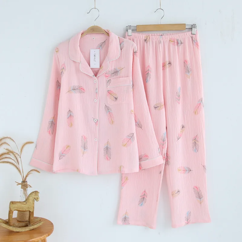 

100% Cotton Crepe Pajama Set Women Long Sleeves Trousers Home Suit Feather Print Pijamas Ladies Simple Pyjamas 2pcs Dropshipping