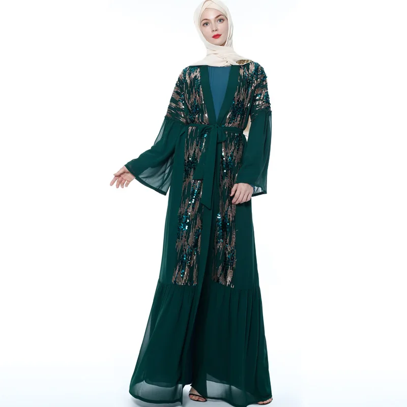 2021 Muslim New Middle East Sequin Patchwork Cardigan Muslim Women's Long Sleeve Chiffon on The Outside of Open Abaya Kaftan