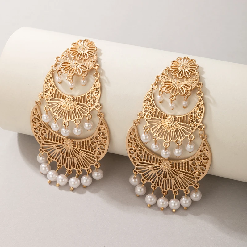 

Tocona Luxury Pearl Stone Tassel Drop Earrings Bohemian Hollow Out Geoemtry Alloy Metal Dangle Earring Party Jewelry 18439