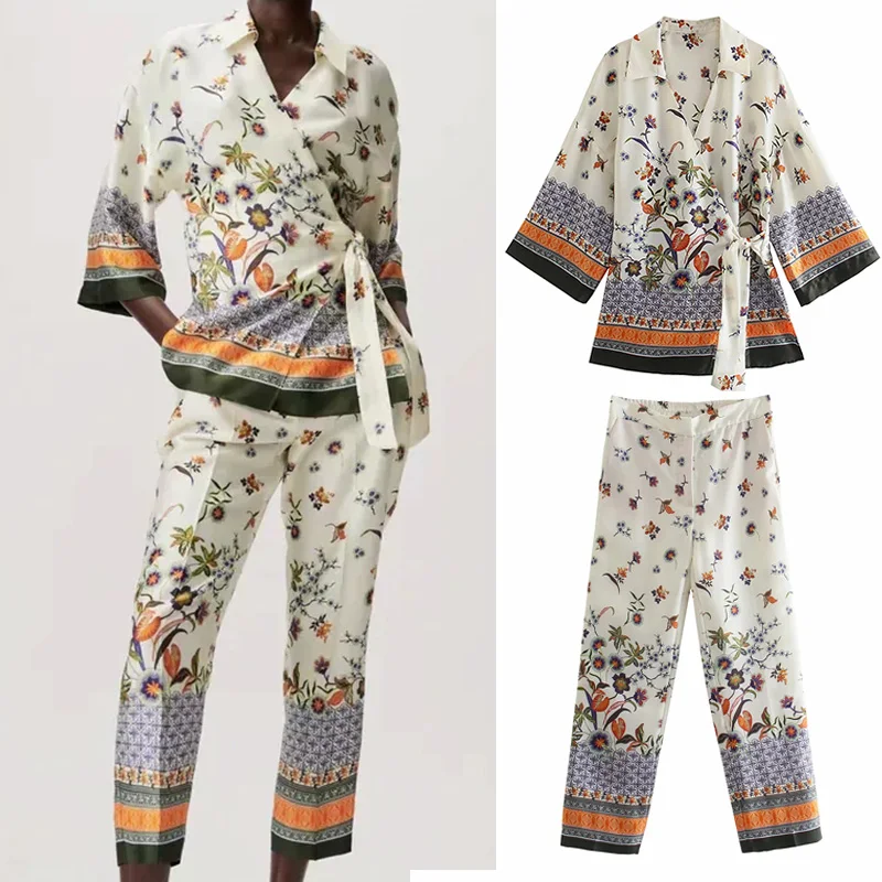 

Klkxmyt ZBZA женский винтажный костюм с цветочным принтом, повседневная Праздничная песчаная пляжная блузка + брюки, женский костюм