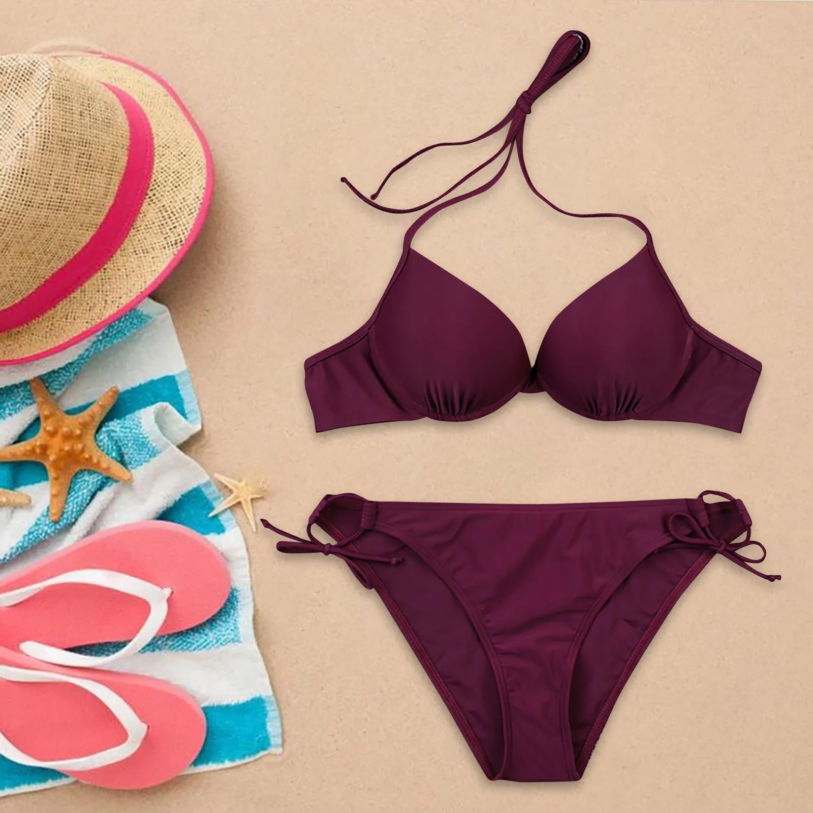 

Женское бикини с завязками на шее, с высокой талией, сплошной цвет