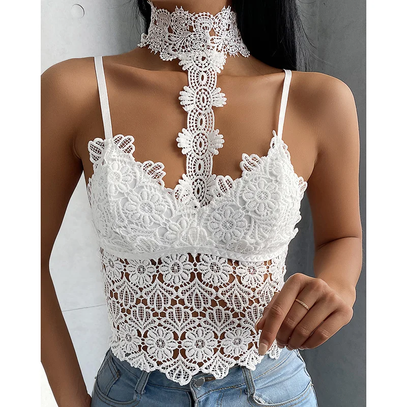 

Summer Women Lace Tank Top Casual Sleeveless Vest Tops Spaghetti Strap Backless Choker Top Tank Tops