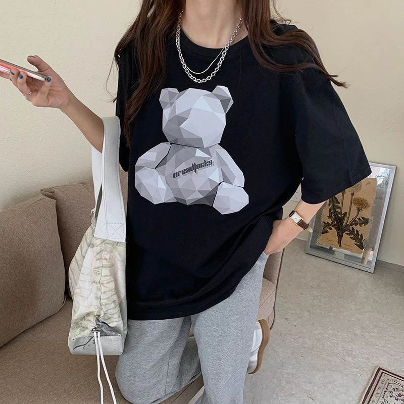 

XZ120 2021 new Korean version of loose bear print mid-length round neck pullover short sleeve T-shirt