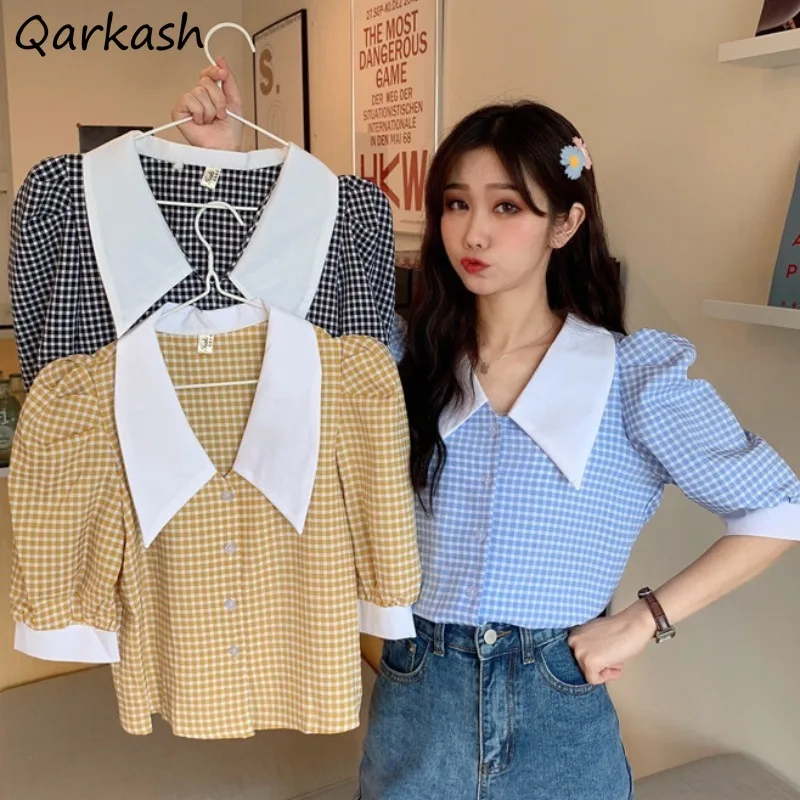 

Y2k Shirts Women Plaid Puff Sleeve Summer Thin New Cropped Design Tender Young Casual Ladies Streetwear Turn-down Collar Loose