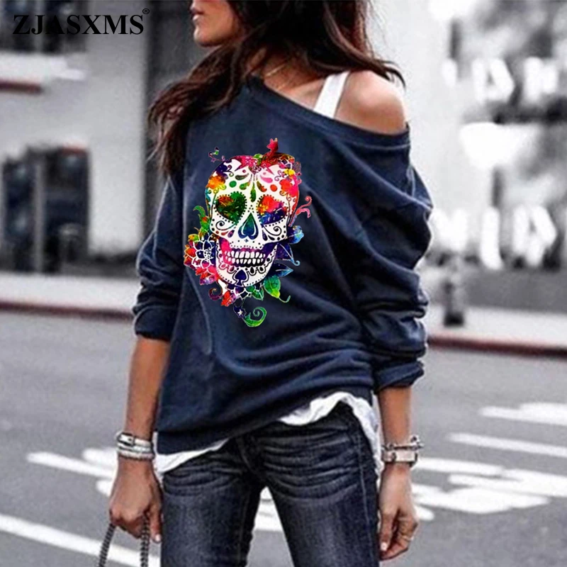 

Halloween Skull Printed Hoodie Sweatshirt Women Off Shoulder Long Sleeve Top Pullover New Spring Autumn O Neck Harajuku Hoodies