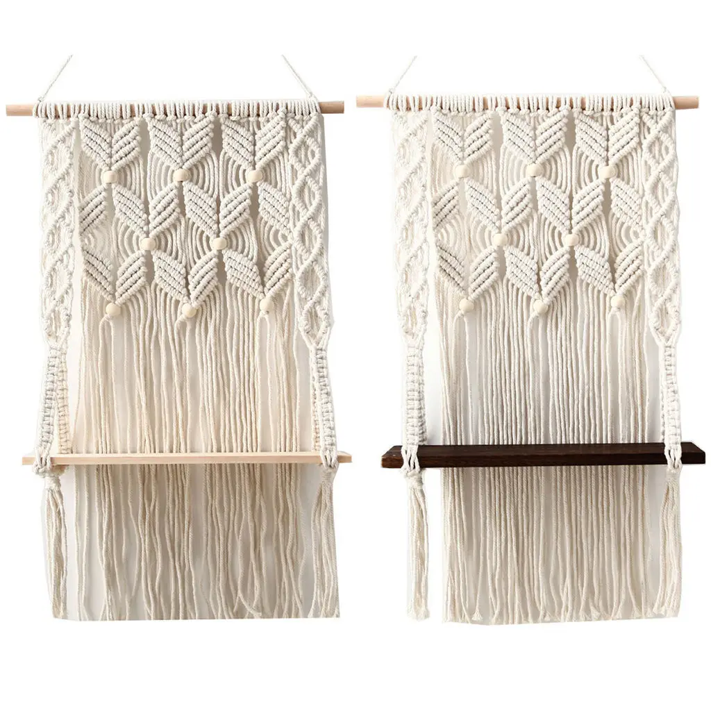 

Simple Macrame Handmade Bohemian Lace Tapestry w/ Wood Shelf, Photo Display Wall Hanging, Room Festival Decoration Art Craft