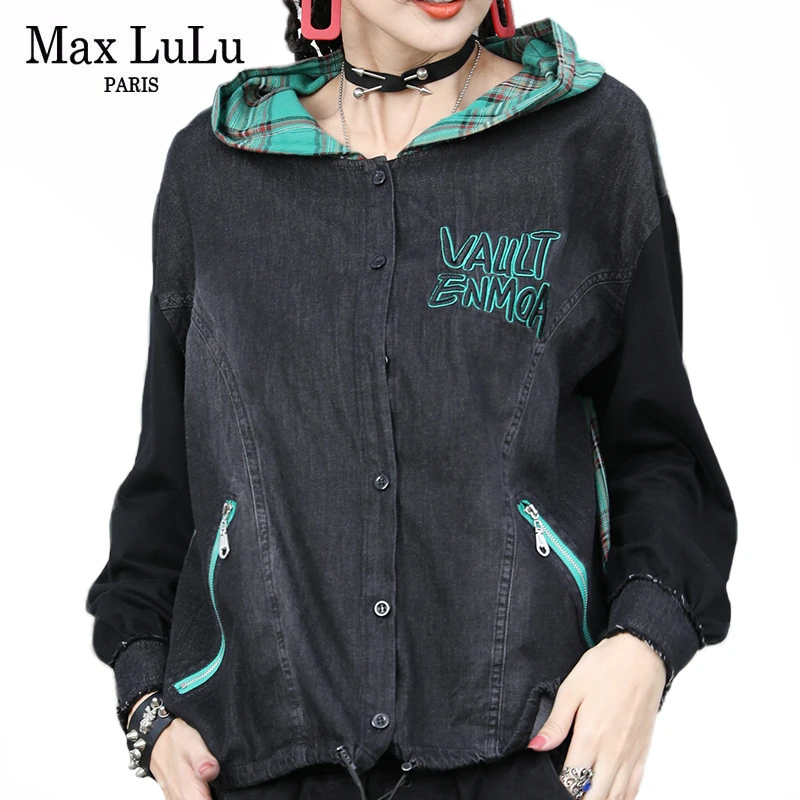 Женская джинсовая куртка Max LuLu черная Повседневная из денима в клетку с принтом