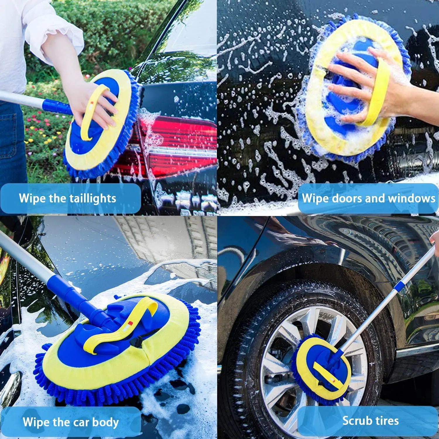 

4pcs Car Wash Mop Brush 45" Long Aluminum Alloy With Extendable Handle Super absorbent For Window Squeegee Wiper Washing Tool