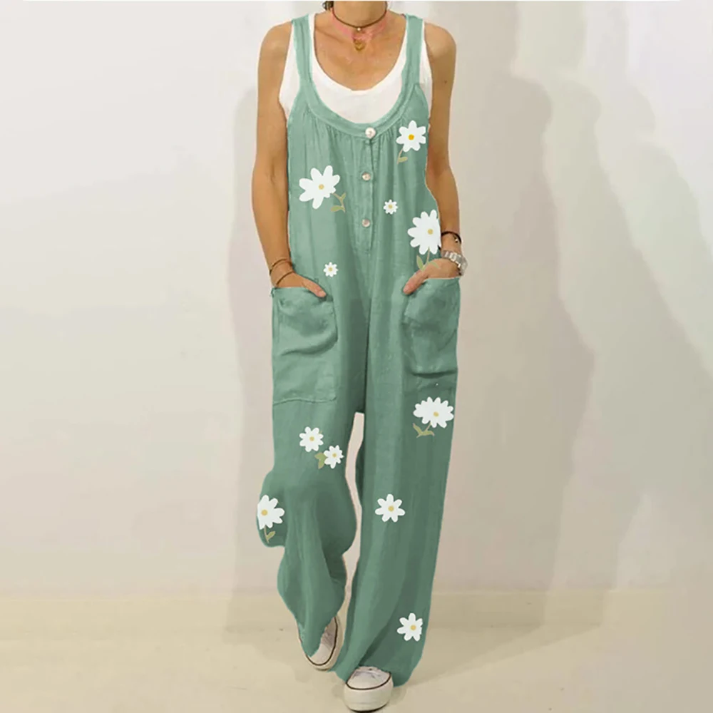 

Women Rompers And Jumpsuites 2021 Backless Vintage Floral Print Jump Suit Overalls Cotton Linen Pants Women Jumpsuits Outfits