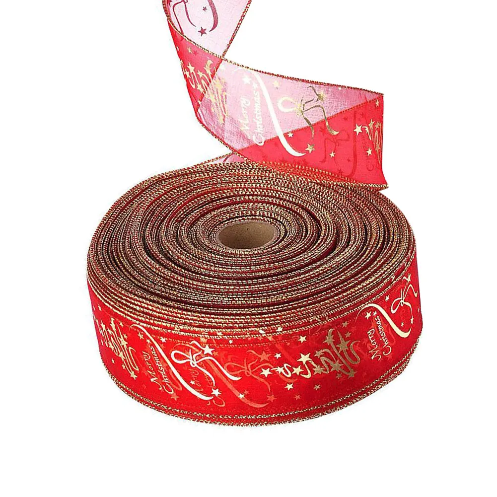 

2PCS Christmas Ribbon Printed Grosgrain Ribbons Red Merry Bronzing Ribbon Xmas Tree Gift Wrapping Wedding Decoration Hair Bows