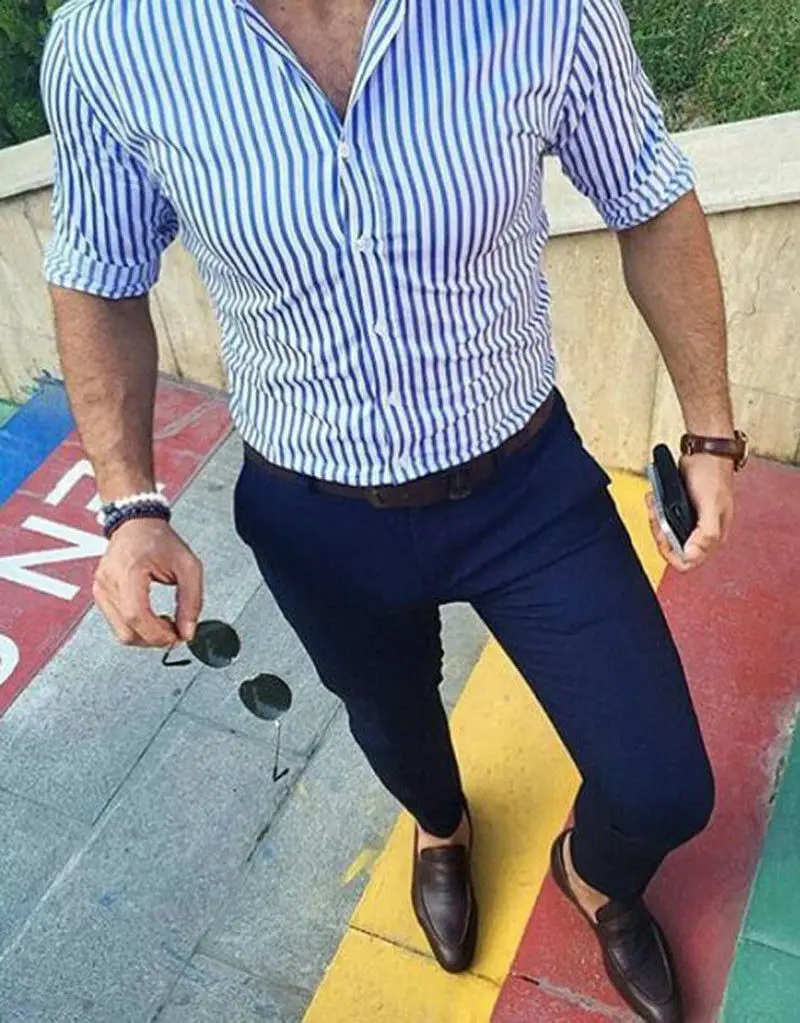 Новинка модная роскошная мужская приталенная рубашка в полоску для фитнеса