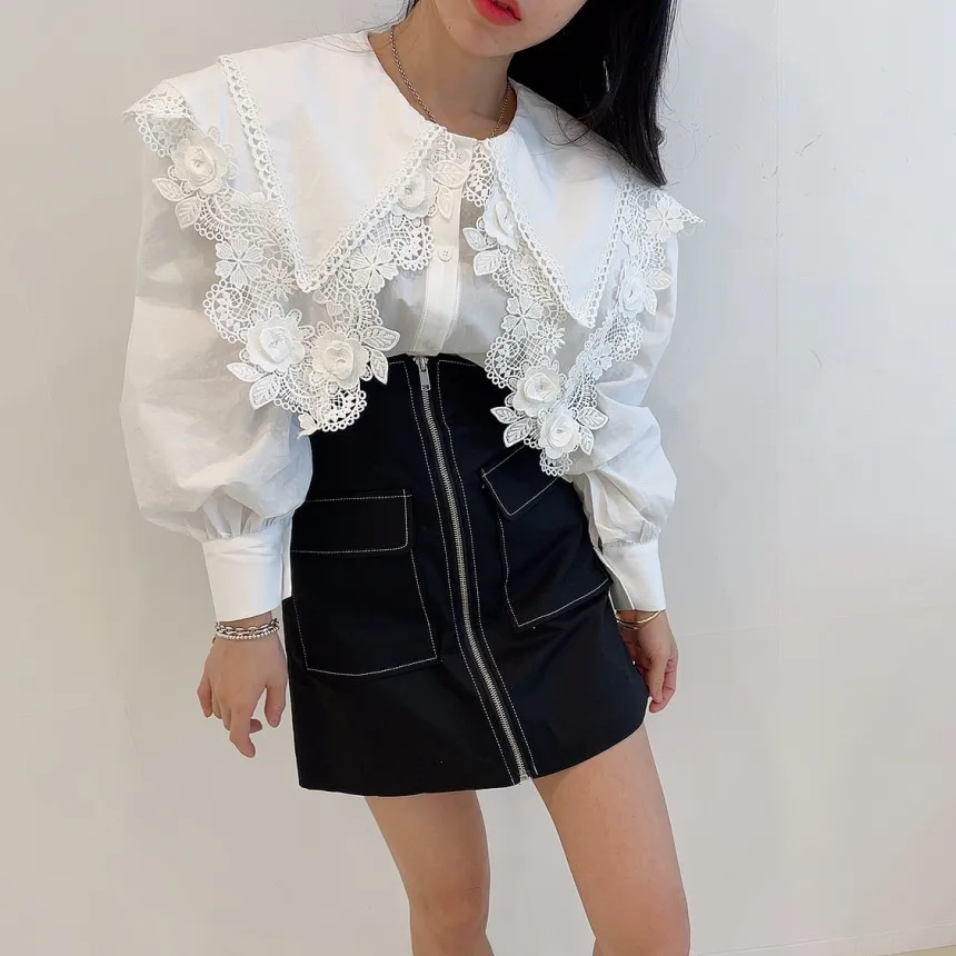 

Summer Women Fashion Casual Loose Peter Pan Collar High Street Shirt Vintage Lantern Sleeve Sexy Lace Patchwork Solid Blouses