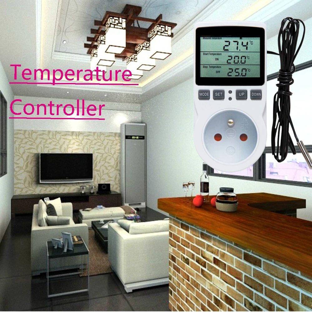 

220V Multifunction Thermostat Temperature Controller Plug Timer Outlet Switch Sensor Probe Heat Cooling Accessories