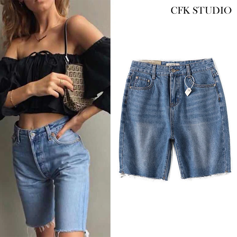 Женские джинсовые шорты с высокой талией Za однотонные до колен карманами
