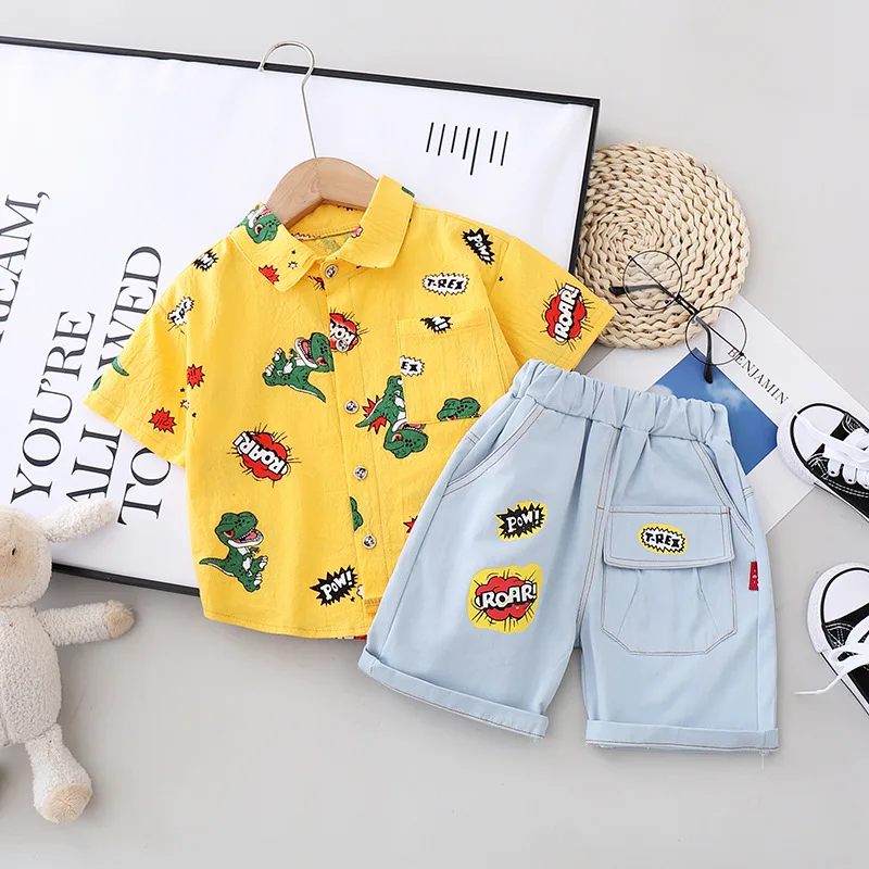 

2021 Summer Baby Boys Casual Clothing Sets Kids Girls Cartoon Dinosaur Print T-shit+denim Shorts 2pcs Suits Toddler Fashion Sets
