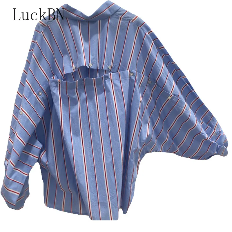 

Plus Size Blouses Stylish Back Button Shirts Women's Irregular Blouses Casual Long Sleeve Blusas Female Lapel Striped Tops Tunic