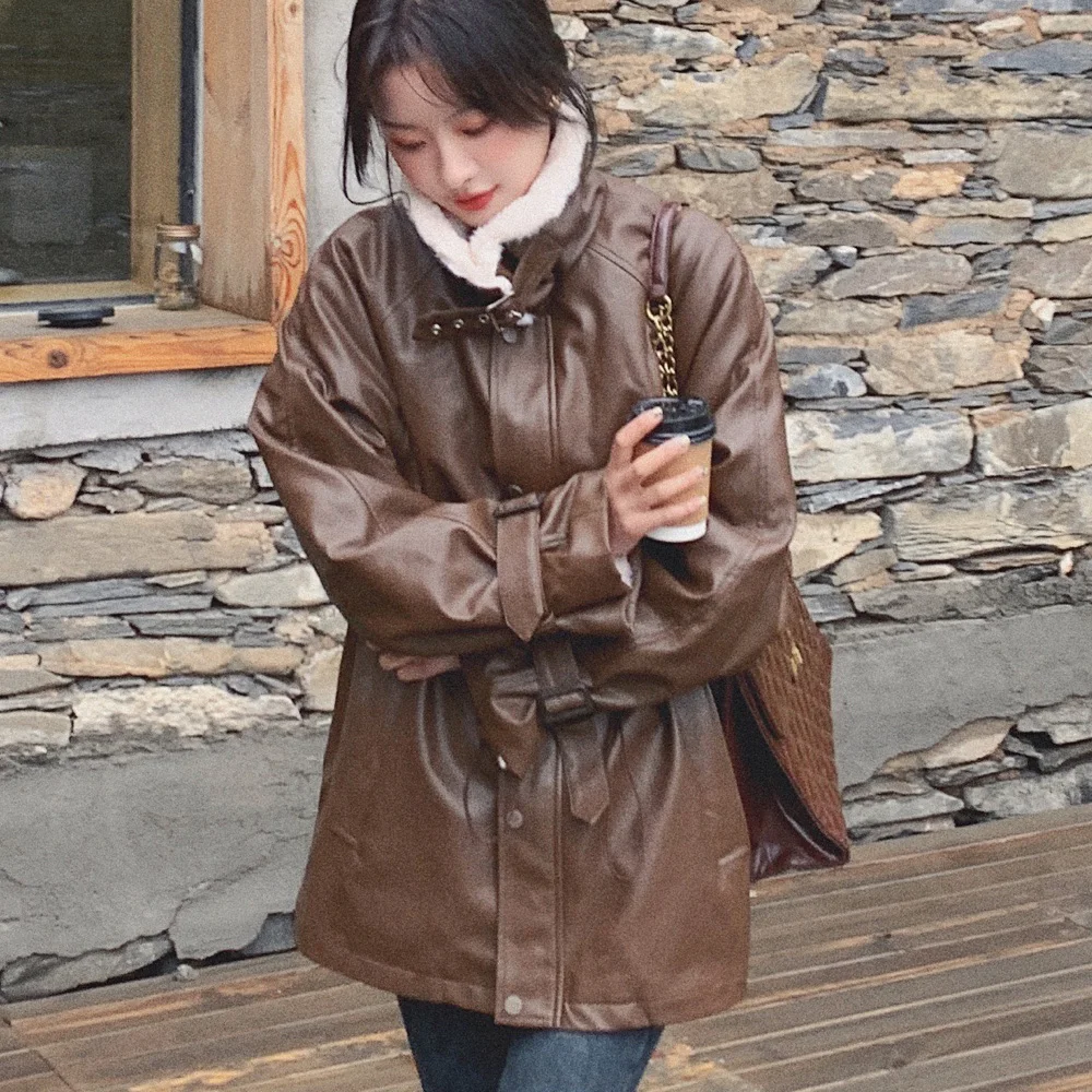 WQJGR Faux Fur Coat Oversize Lambswoo Full Sleeve Turn-down Collor Brown PU Winter Jacket Women Casual 2022