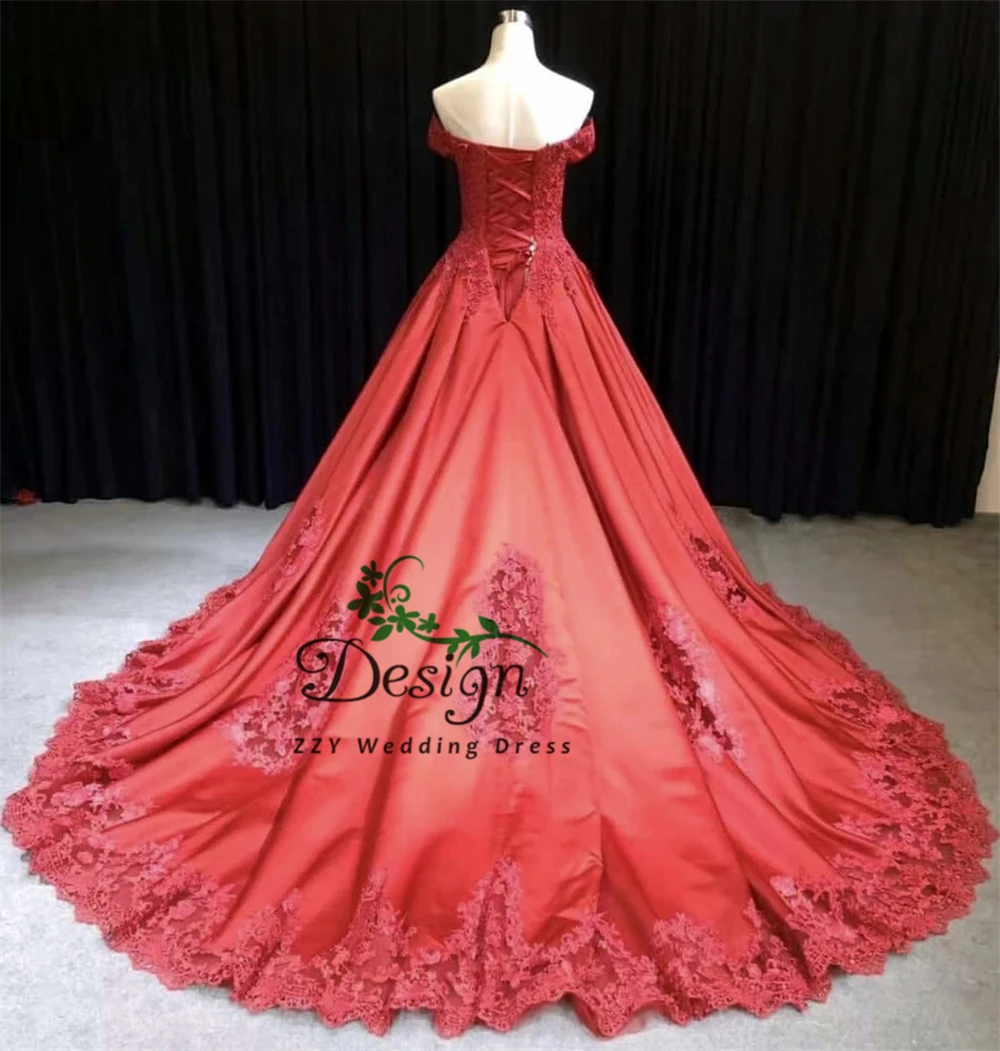 

2019 High Quality Red Satin Appliques Quinceanera Dress Off The Shoulder Appliques Court Train Sweet 16 Dresses Lace-up Back