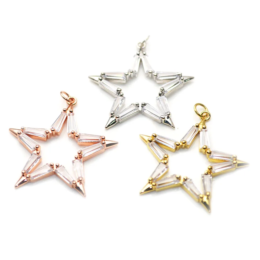 

34mm Hollow Out Star White Rhinestone Crystal Setting Pendants Rose Gold Silver Plating Star Charms For Necklace Earring Making