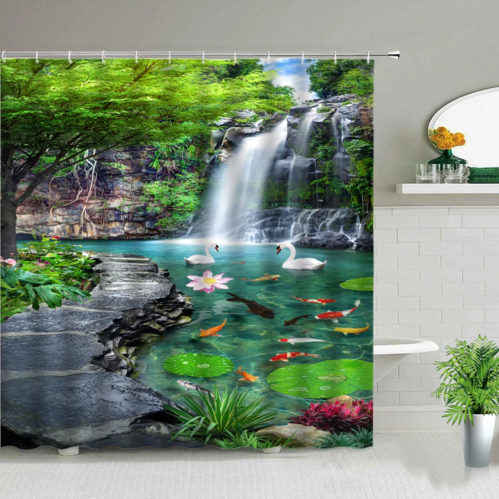 

Шторы для душа с природным пейзажем, водонепроницаемые тканевые занавески для ванны, декор для ванной комнаты, с крючком, летний цвет, водоп...