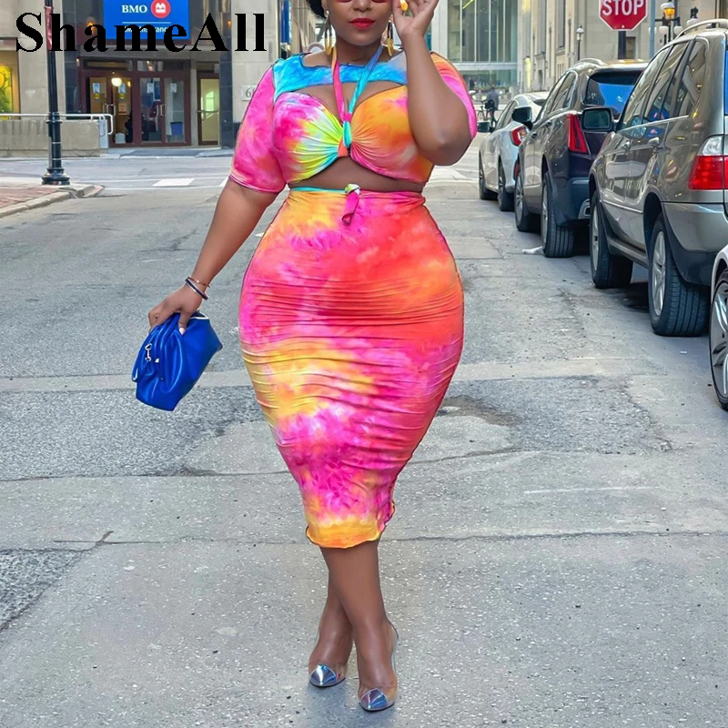 

Plus Size Hollow out Tie-dye Crop Tops 2 Two Pieces Sets 4XL Summer Sexy Short Sleeve Shirt Maxi Bodycon Skirt Suit Club Outfits
