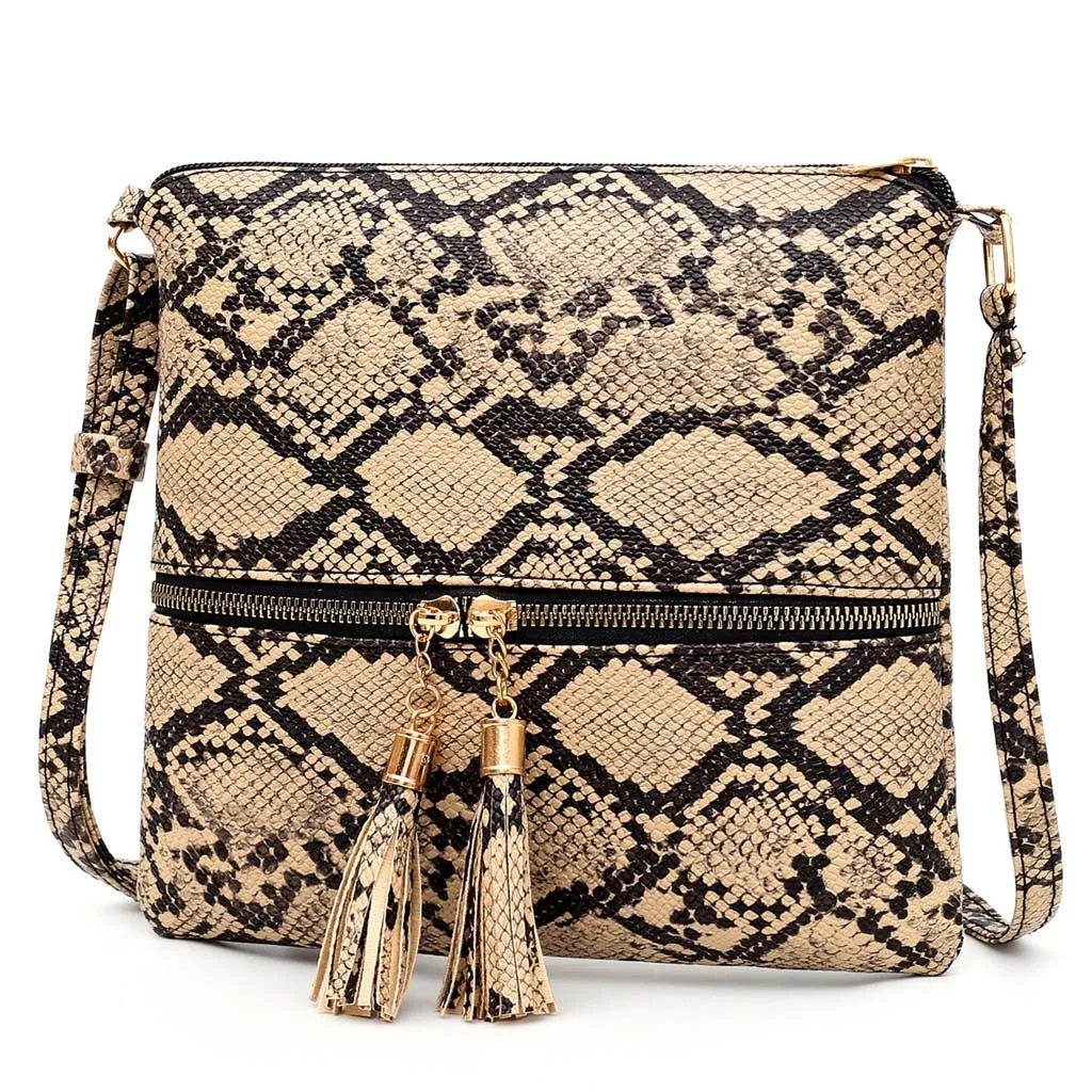 Fashion Women Tassel Snake Printing Zipper Messenger Bag Handbag Shoulder Bag Elegant Small Square Bags#YJ