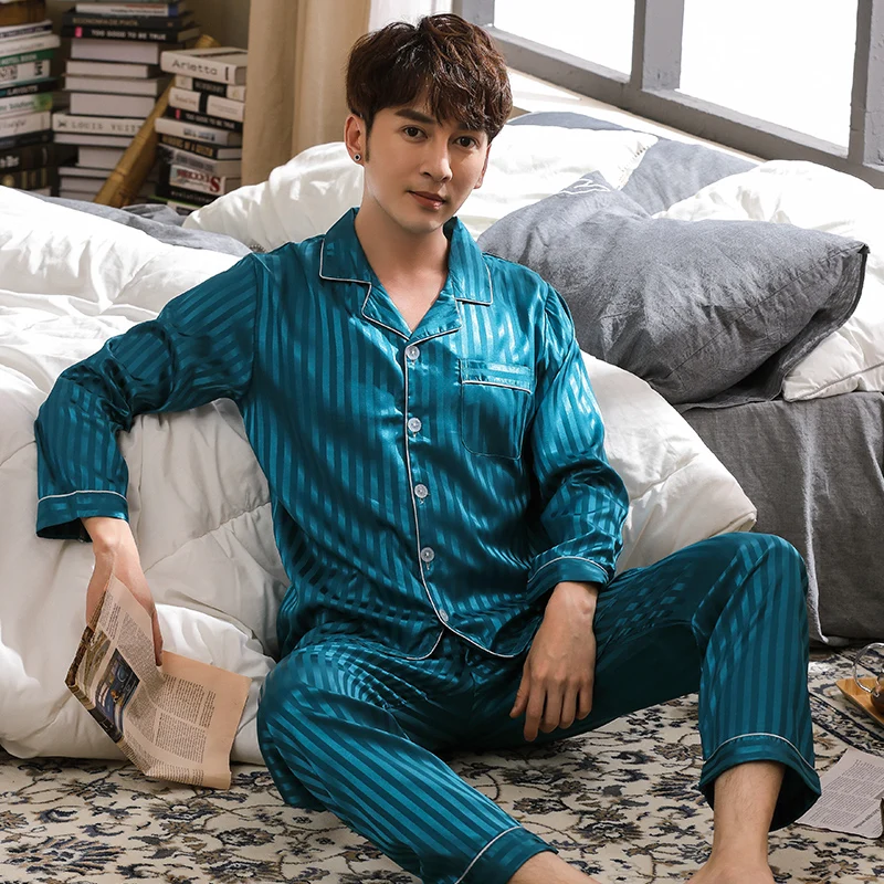 New Arrival Autumn Long Sleeved Men's imitate Silk Pajamas Set Turn-down Collar Cardigan Plus Size L-3XL Male Homewear Clothing