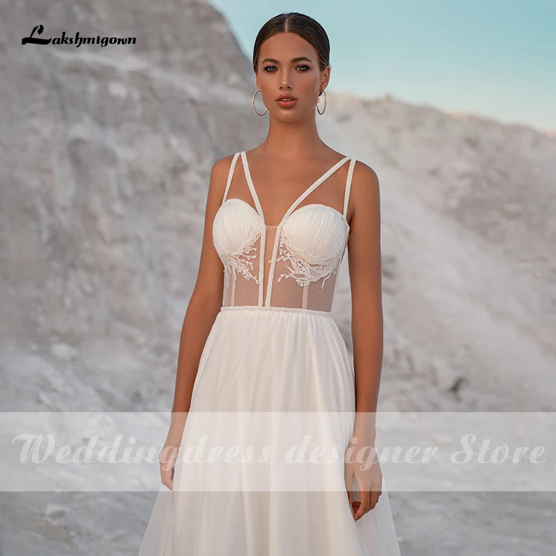 

Lakshmigown Simple Bohemian Wedding Dress 2021 V Neck Boho Beach Bride Dresses A-Line Robe De Mariee Lace Wedding Dresses