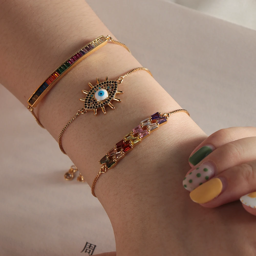Женский браслет с кубическим цирконием радужным турецким голубым глазом