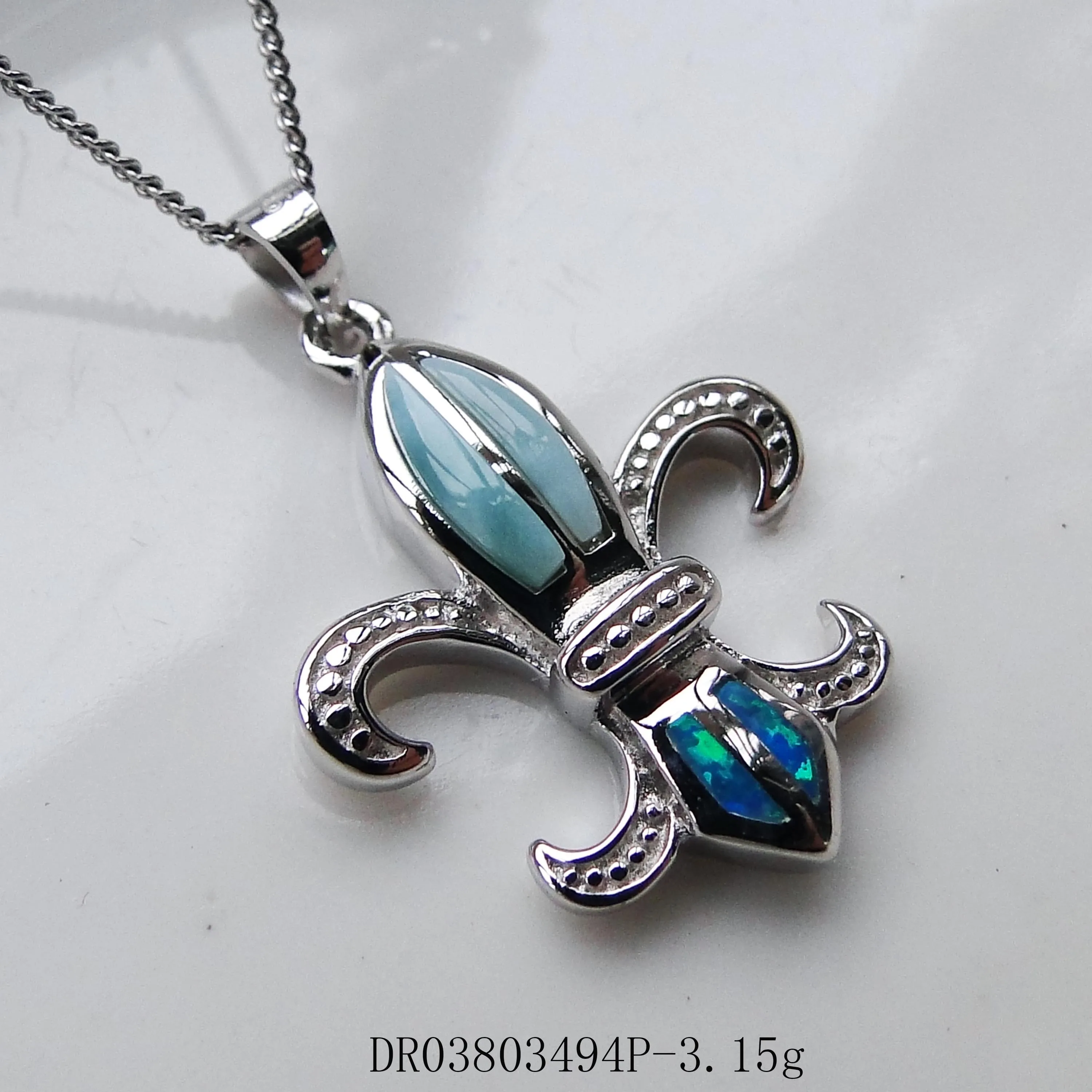 

Hot Selling 925 Sterling Silver Pendant Natural Larimar Fleur de Lis Pendant Opal Pendant for Women Gift