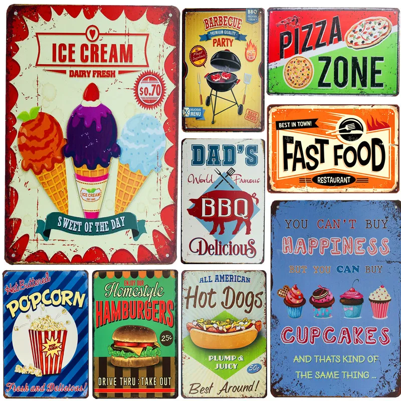 

Vintage Metal Tin Signs Plaque BBQ Hot Dog Cupcake Ice Cream Fast Food Metal Poster Wall Art Decor For Kitchen Diner Restaurant