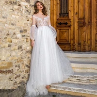 sparkly tulle long sleeves wedding gowns a line top lace illusion luxury princess wedding dress for bridal custom made