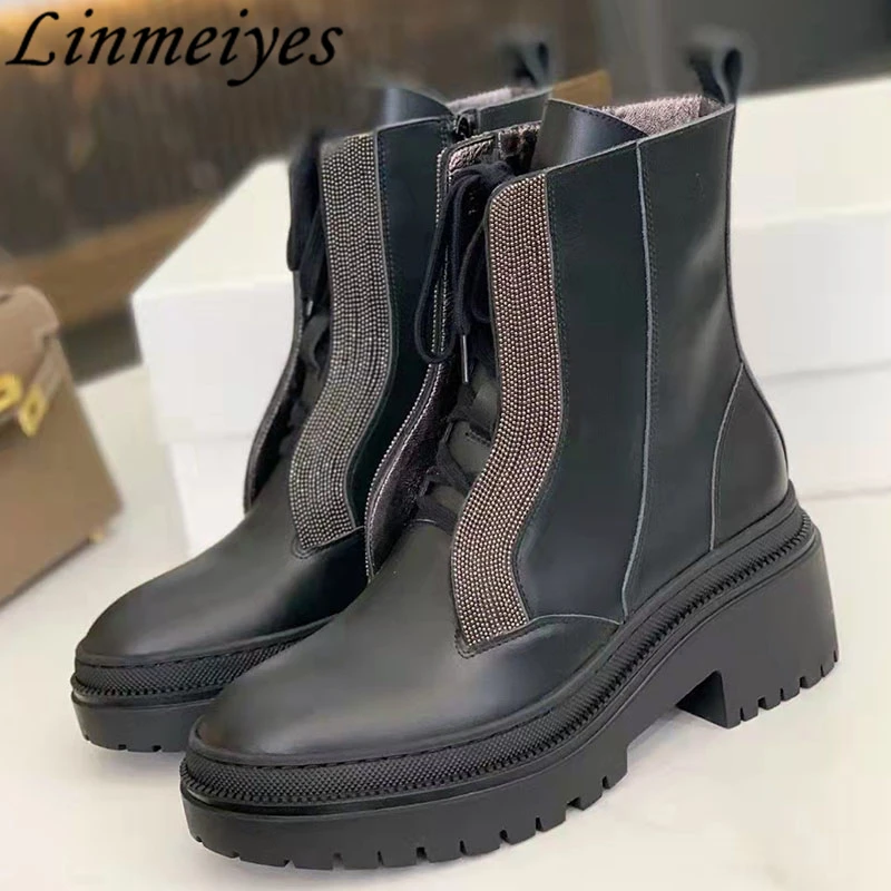 

High-Quality Lace Up Martin Boots Women Cow Suede Round Toe Flat Platform Chelsea Boots Thick Sole Motorcycle Boots Women Botas