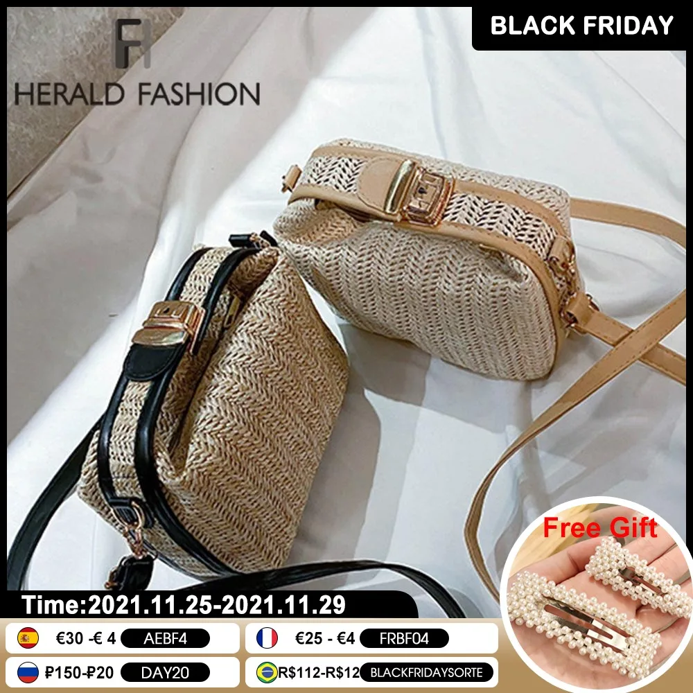 

PU Splicing Straw Crossbody Bag For Women 2021 New Bohemian Small Knitting Summer Purse And Handbag Vacational Bucket Beach Bags