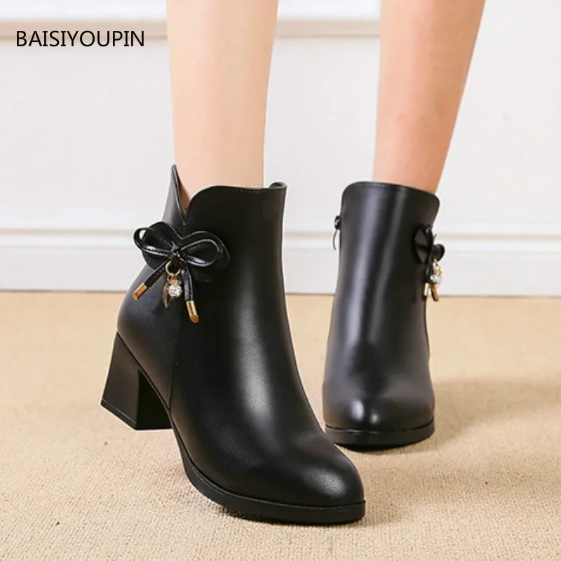 

Bow Winter Plus Size Women Boots Solid Fashion 6cm High Heels Female Pumps Shoes Casual Ankle Booties 35-41 Pointed Toe Office