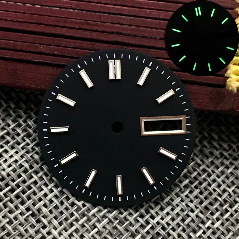 

28.5mm/1.1" Copper C3 Green Luminous Black Watch Dial Plate Replacement Parts For NH36A Dual Calendar Movement