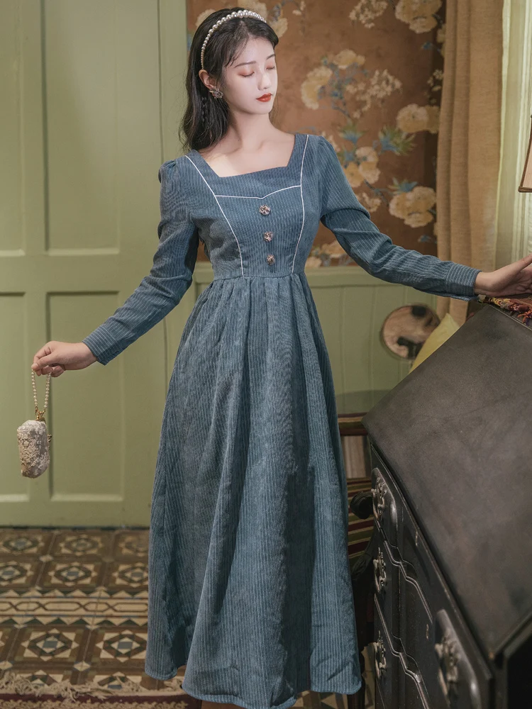 

Spring Vintage Corduroy Dress Woemn Long Sleeve Square Collar Blue Hepburn Dresses For Female High Waist A-Line Robe Mujer