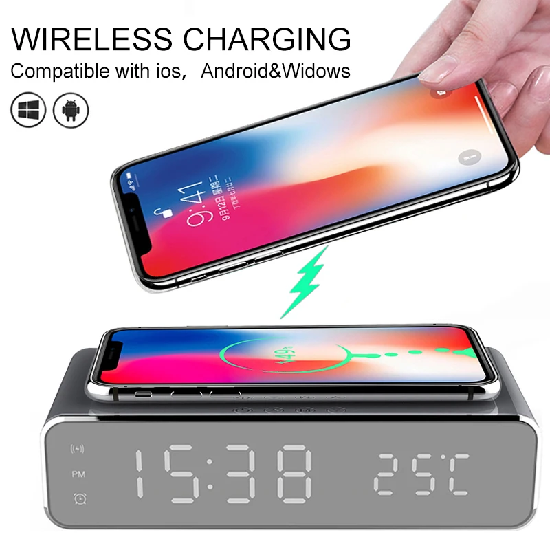 Electric LED Alarm Clock with Wireless Phone Charger and Digital Thermometer - HD Mirror Clock with Date and 12/24 Hour Switch image 2