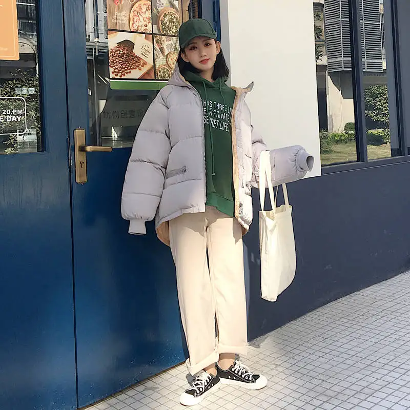 Корейский стиль теплая зимняя куртка для женщин с капюшоном однотонный черный