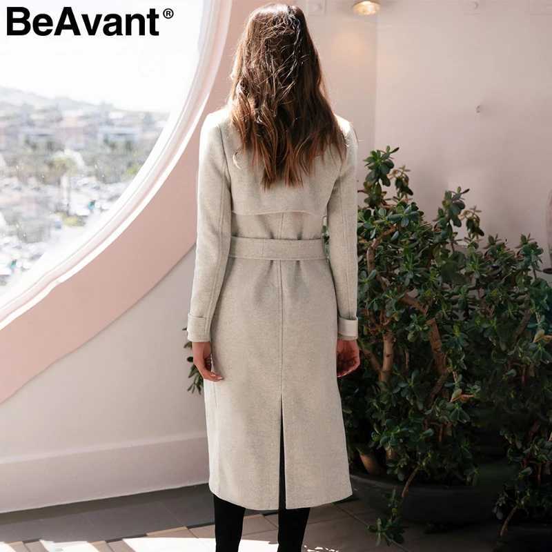 

BeAvant Elegant sash belt wool coat women Long sleeve autumn winter woolen blends overcoat Streetwear ladies long tweed coats