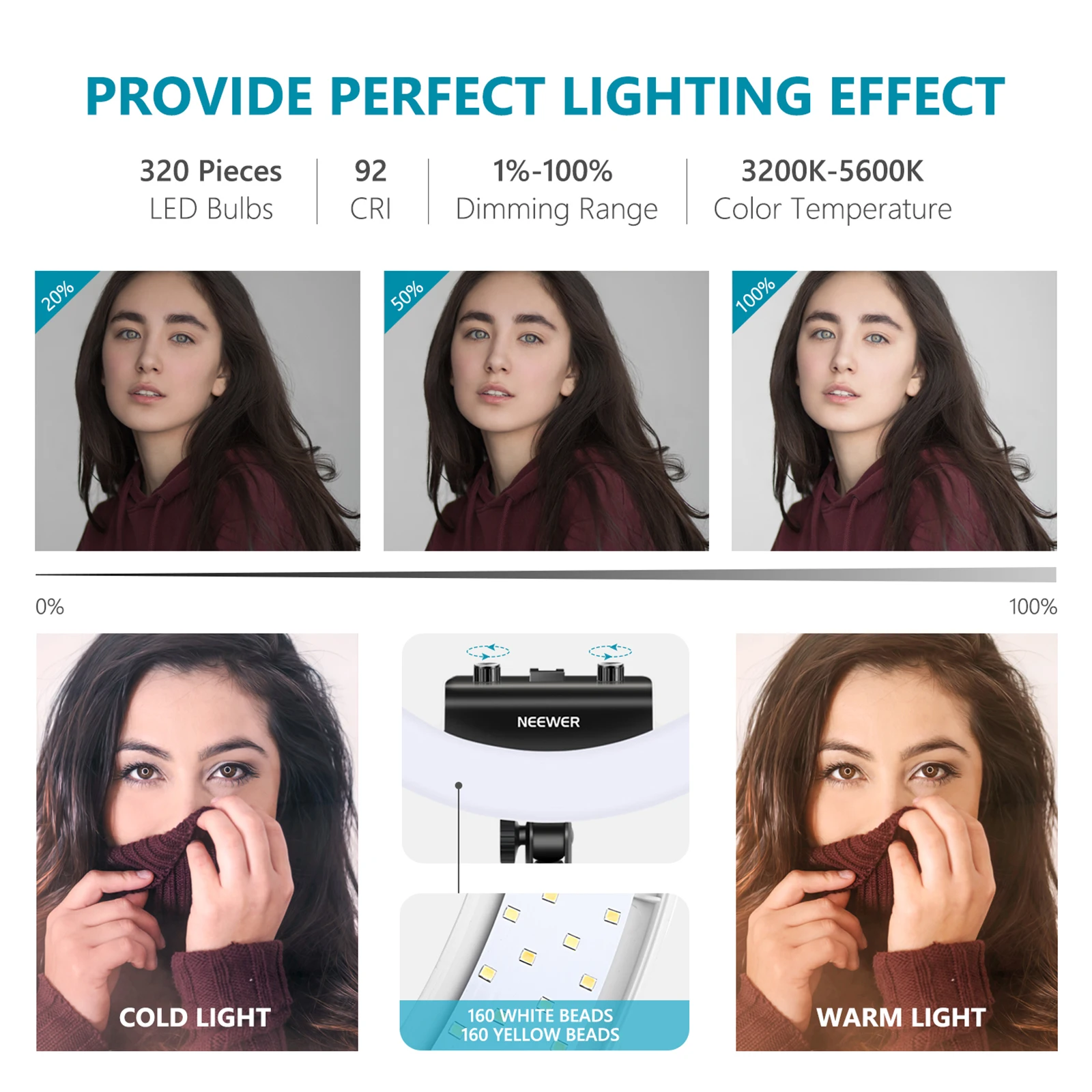 

Neewer Ring Light Kit [Upgraded Version-1.3cm Ultra Slim]-18 inches 3200-5600K Dimmable LED Ring Light with Light Stand ,Holder