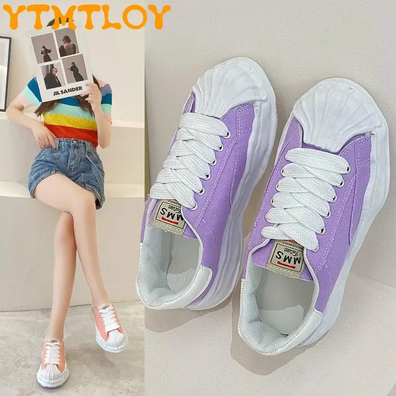 

Кеды женские на толстой подошве, парусиновые Белые Спортивные Повседневные туфли на плоской подошве, с раковиной и носком, универсальные, в...