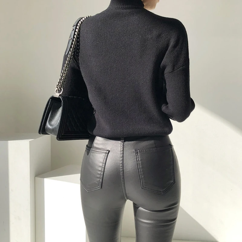 

Women's Metal Chain Half High Neck Hollow Long Sleeve Knitted Sweater Black One Size