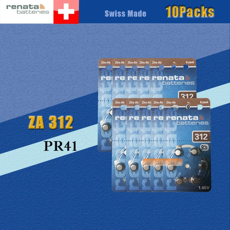 10 упаковок (60 батарей) XRenata Maratone размера плюс 312 P312 PR41 Цинковый воздушный