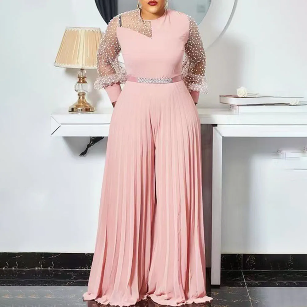 

Women Jumpsuit Solid Color Long Sleeve Slim Net Yarn Splicing Perspective Draw Back Folds Fashion Jumpsuit 2021 Summer