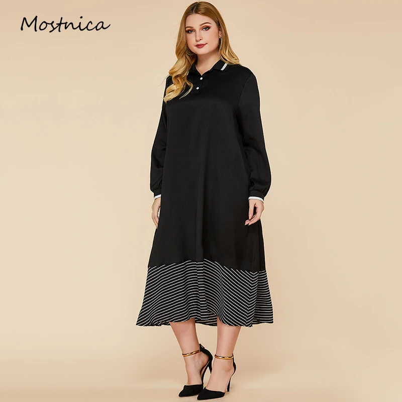 

Mostnica Black Plus Size Polo Shirt Dress Women Autumn Long Sleeves Patchwork Striped Swing Loose OL Aline Midi Dress for Women