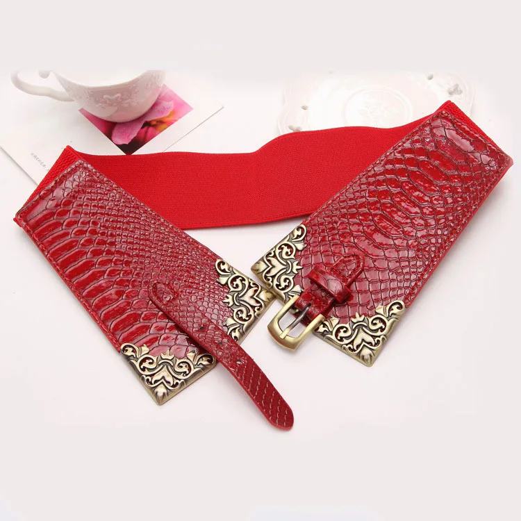 

New Fashion luxury crocodile pattern leather belt for women stretch elastic Cummerbunds ladies dress waistband Waist Seal girdle