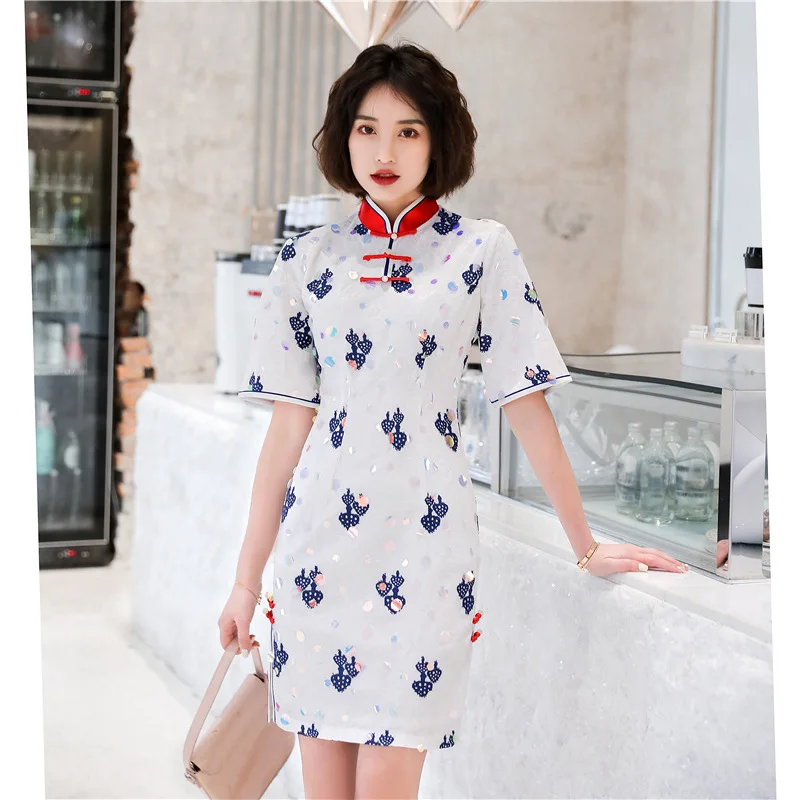 

2021 Spring White Lace Cheongsam Girl Cute Version Daily Short Cheongsam Chinese Style Dress Elegant Qipao Party Dresses