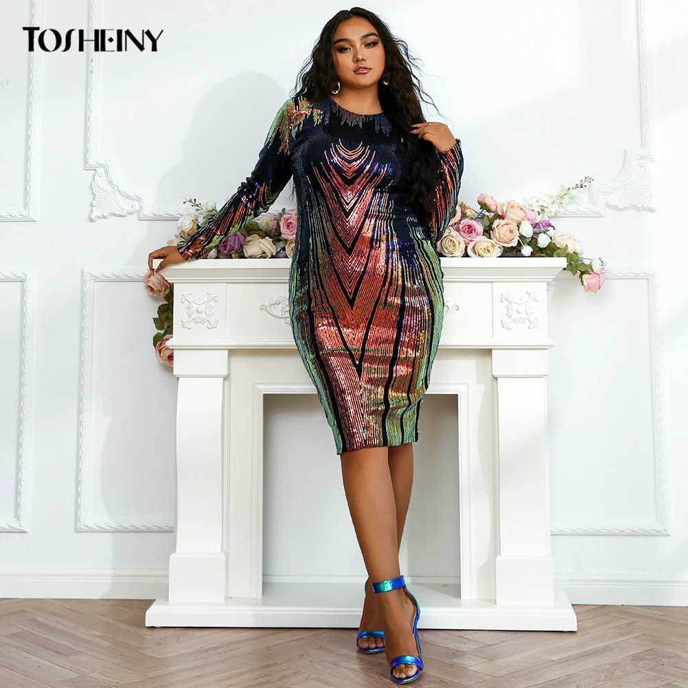 Tosheiny 2022 Woman Plus Size Dress Elegant Sexy Midi Sequins Long Sleeve Party Evening Vestidos Bodycon Fashion Curve 2XL 3XL